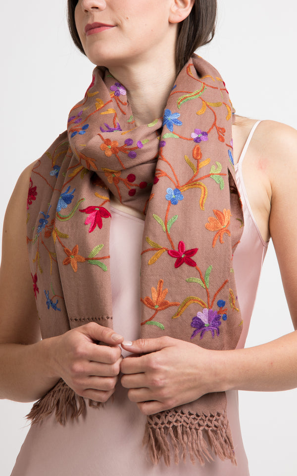Floral Pecan Embroidered Wool Scarf Shawl, The Little Tibet