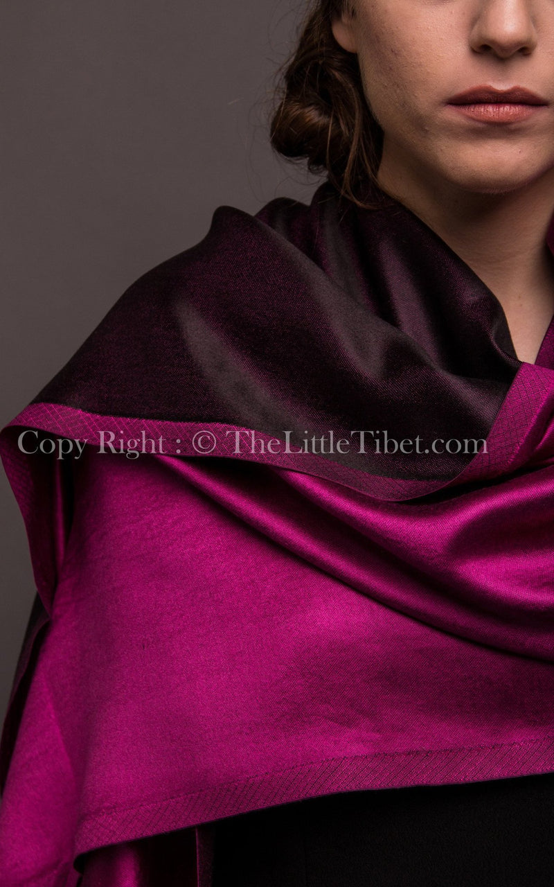 Luxury 100% pure silk magenta black reversible pashmina close up 