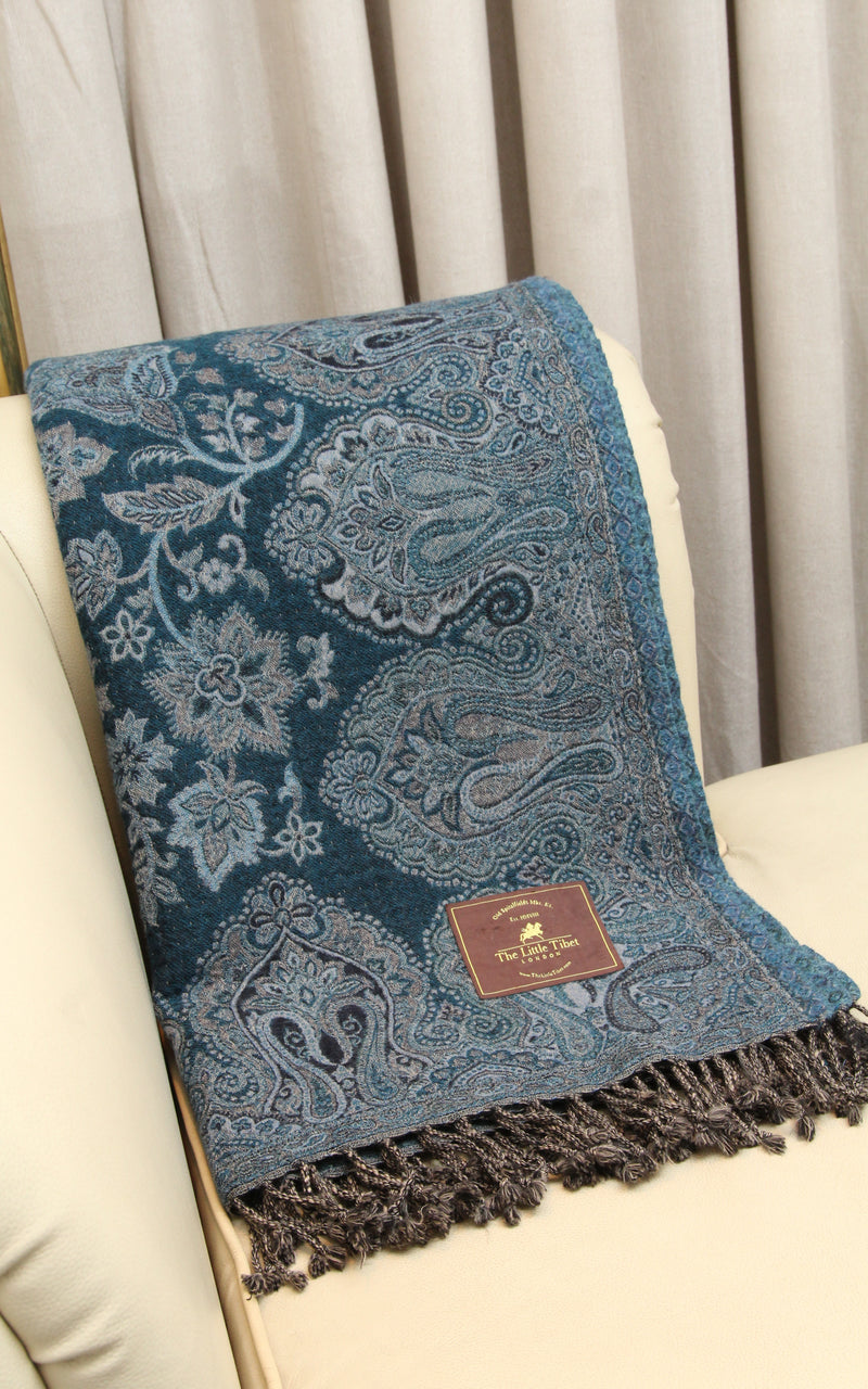 100% pure lambswool dark blue light blue accents floral reversible  boiled wool blanket  close up