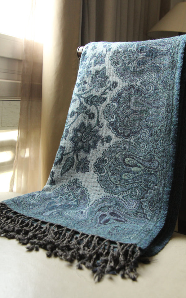 100% pure lambswool dark blue light blue accents floral reversible  boiled wool blanket 