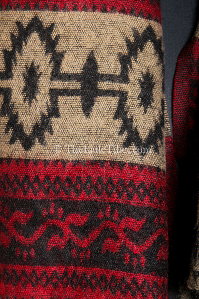 close up Cozy cream red  blanket  scarf tibet shawl  contemporary geometric design