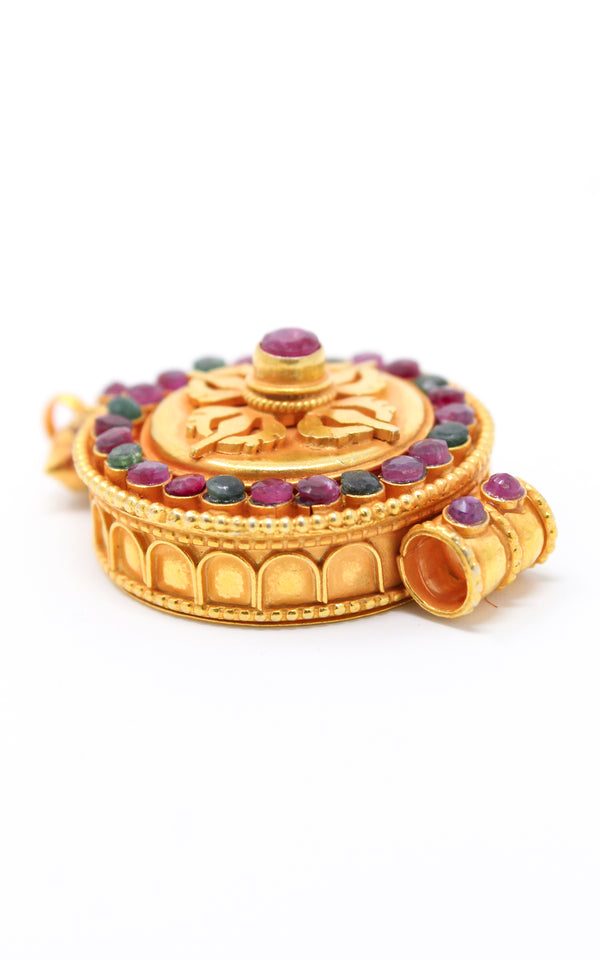 circular Gold Plated Double Dorjee Locket ruby emerald side view 