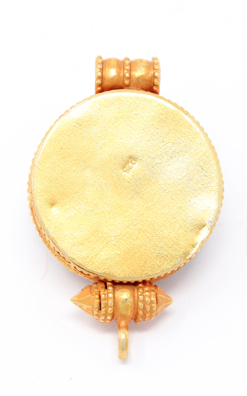 circular Gold Om Locket Pendant turquoise coral detail back close up