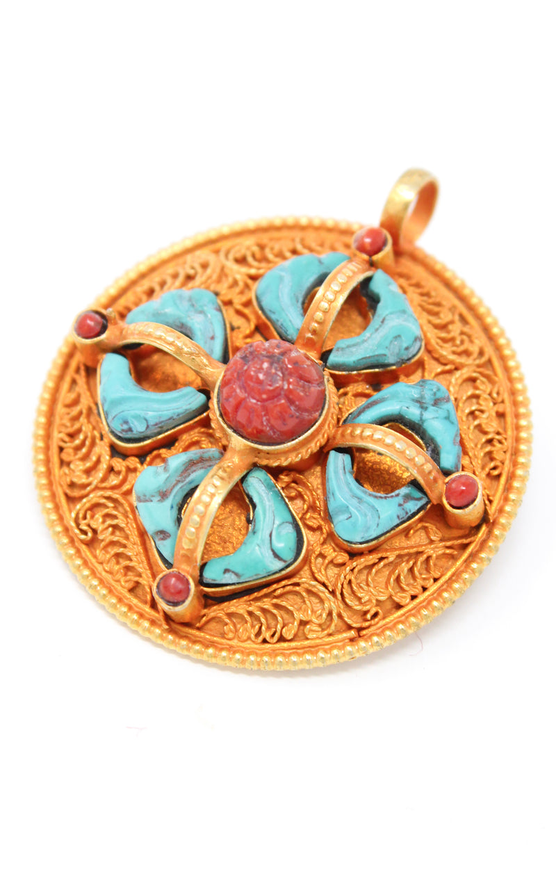 Circular Gold silver Double Dorjee thunderbolt Pendant turquoise coral ruby accents close up