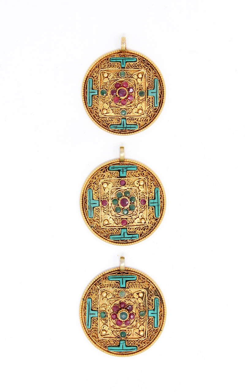 three Circular Gold Plated Turquoise Mandala Pendant turquoise ruby emerald stones 