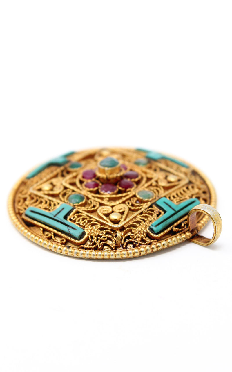 Circular Gold Plated Turquoise Mandala Pendant turquoise ruby emerald exterior