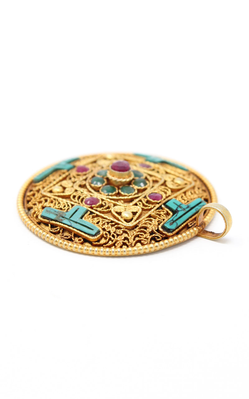 Circular Gold Plated Turquoise Mandala handmade Pendant turquoise ruby emerald stones 