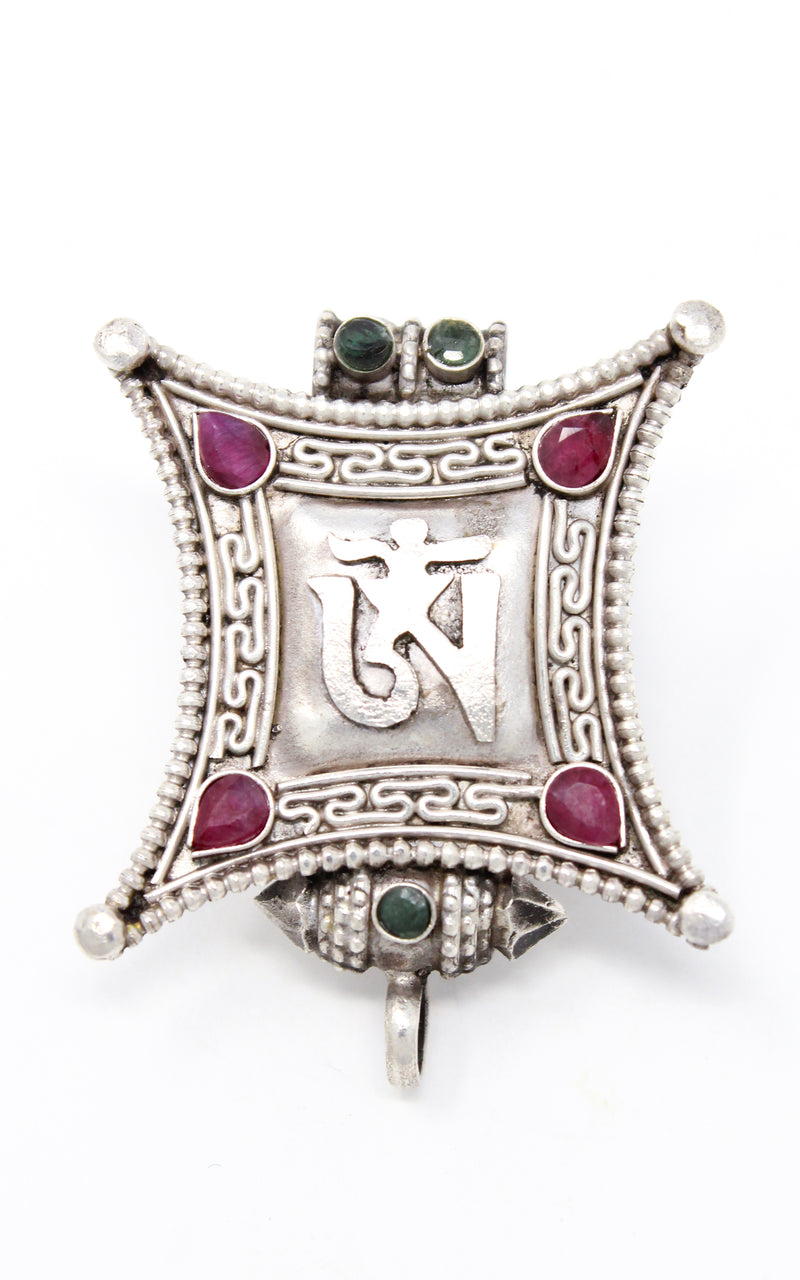 Silver Om Locket Pendant emerald ruby stones handmade tibetan jewellery 