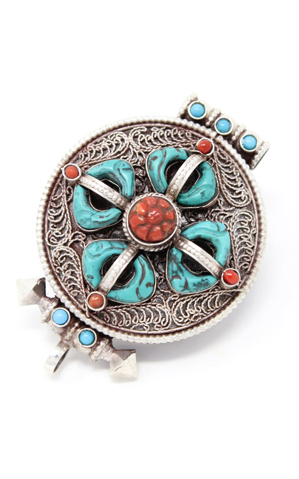 Double Dorjee Locket pendant Handmade Tibetan silver Pendant turquoise coral stones