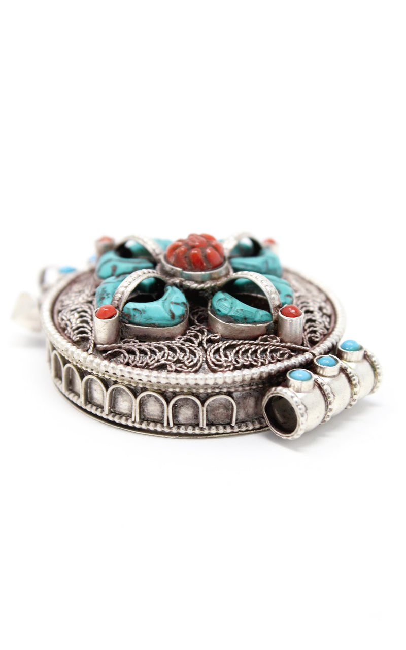 Double Dorjee Locket Pendant handmade Tibetan silver Pendant turquoise coral gems 
