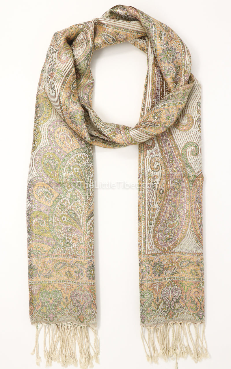 Creamy beige paisley pattern 100% silk pashmina shawl with tassels free uk shipping 