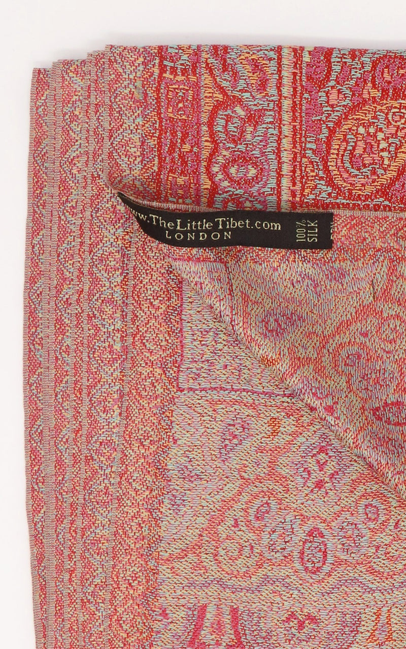 Close up of  inside of the reversible Cherry Red pure Silk Pashmina  Free Uk Shipping