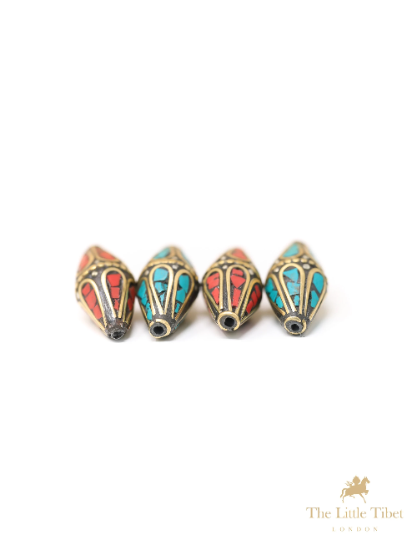 Buddhist Turquoise Inlaid Coral Resin Brass Bicone Beads for Jewellery Making - E11