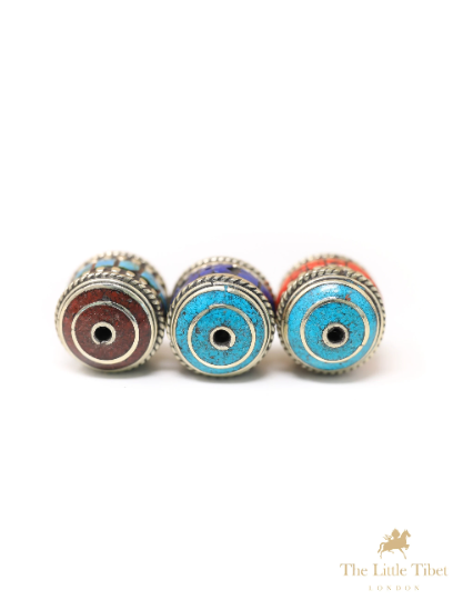Tibetan Turquoise Coral Resin Brass Inlaid Barrel Beads - E3