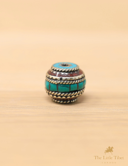 Coral Resin Turquoise Inlaid Brass Tibetan Barrel Beads - E4