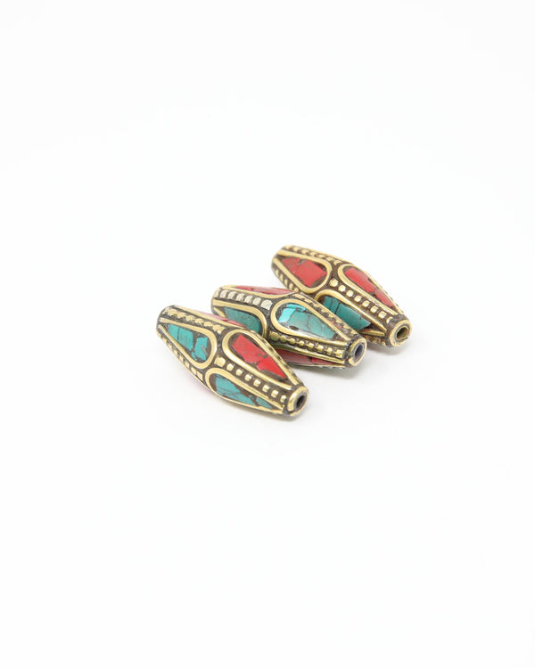 Long Bicone Tibetan Beads with Coral Turquoise Inlaid - N101