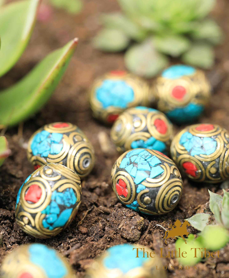 Tibetan Barrel Brass Coral Turquoise Inlaid Decorative Beads -  N102