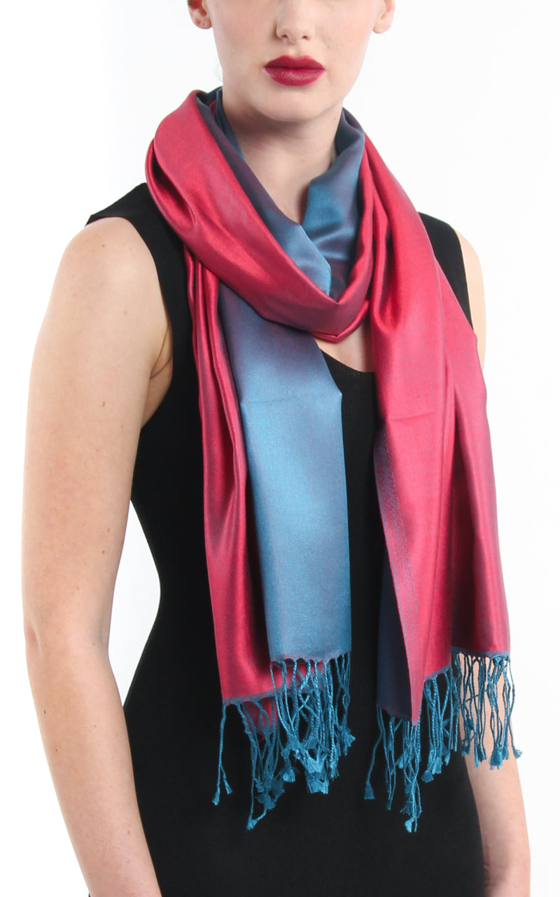 Luxury 100% pure silk cool red blue reversible pashmina silk scarf with tassels