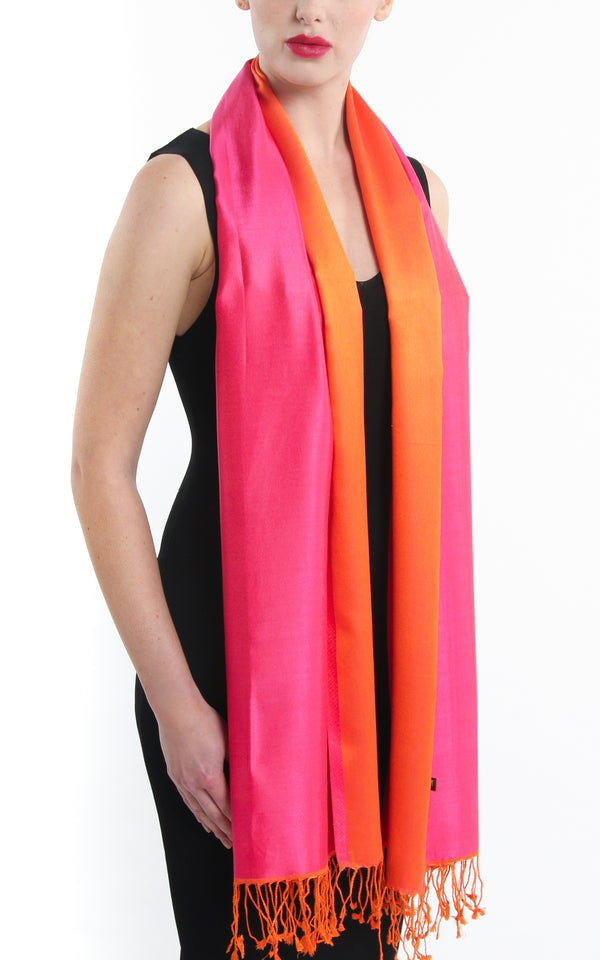 Luxury 100% pure silk fuschia bright orange  reversible pink silk scarf with tassels