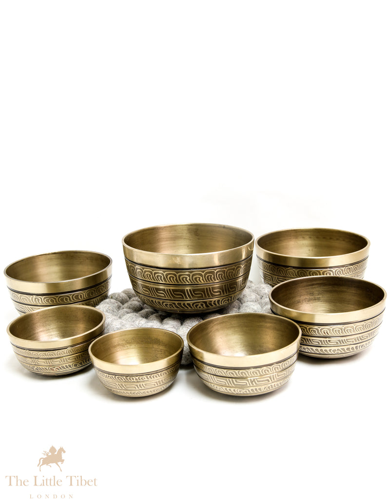 Peace and Tranquility with the Nestling Seven Chakra Golden Tibetan Singing Bowl Set- 7 Chakra Nestling Golden