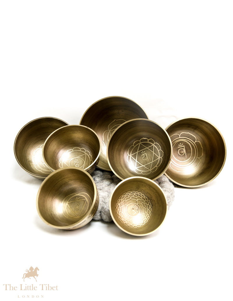 Peace and Tranquility with the Nestling Seven Chakra Golden Tibetan Singing Bowl Set- 7 Chakra Nestling Golden