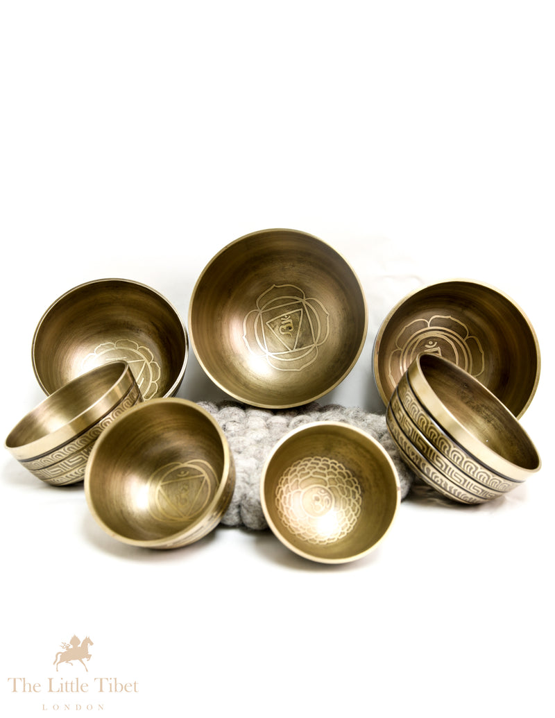 Peace and Tranquility with the Nestling Seven Chakra Golden Tibetan Singing Bowl Set- 7 Chakra Nestling Golden