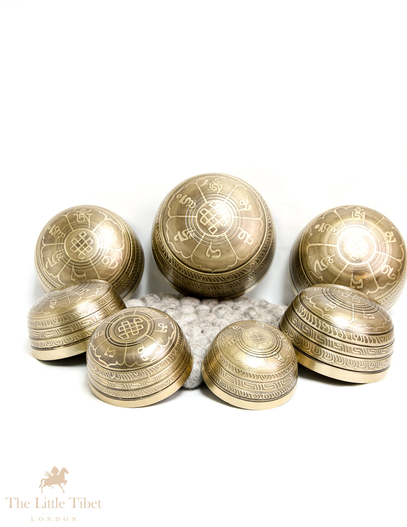 Peace and Tranquility with the Nestling Seven Chakra Golden Tibetan Singing Bowl Set- 7 Chakra Nestling Golden