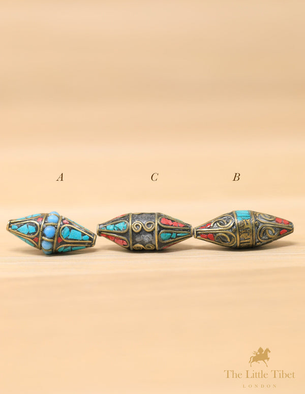 Turquoise Inlaid Coral Resin Brass Bicone Beads - E13