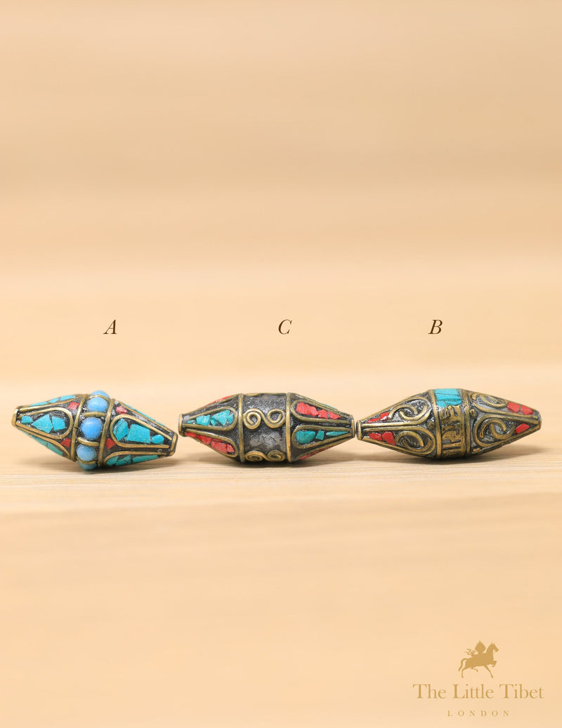 Turquoise Inlaid Coral Resin Brass Bicone Beads - E13
