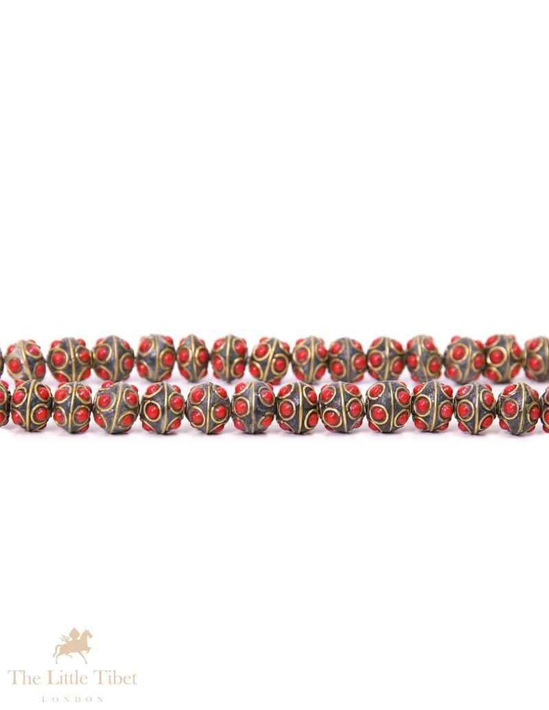 Barrel-Shaped Tibetan Bead with Brass Inlay