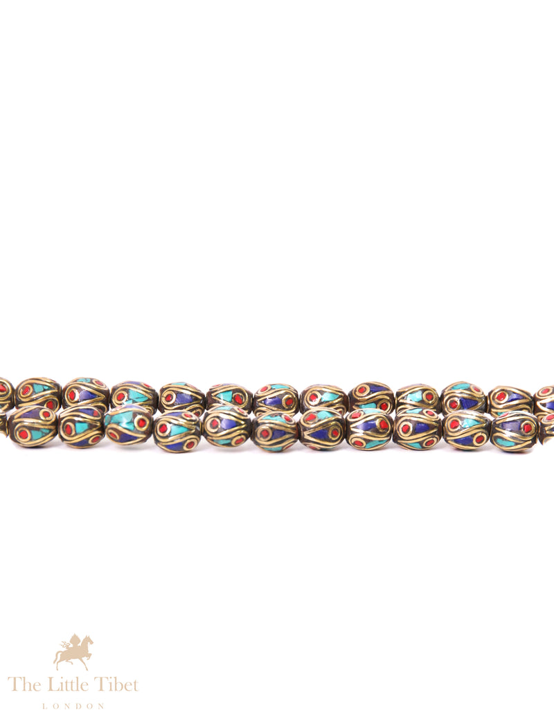 Barrel-Shaped Tibetan Bead with Brass Inlay
