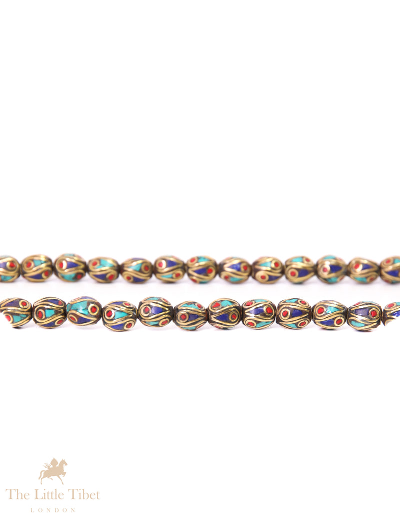 Barrel-Shaped Tibetan Bead with Brass Inlay