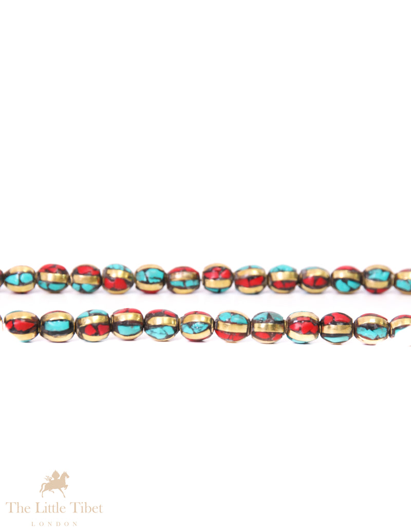 Barrel-Shaped Tibetan Bead with Brass Inlay