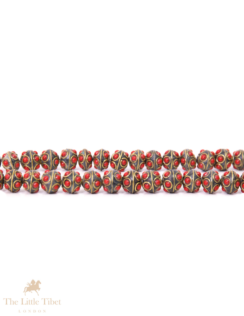 Barrel-Shaped Tibetan Bead with Brass Inlay