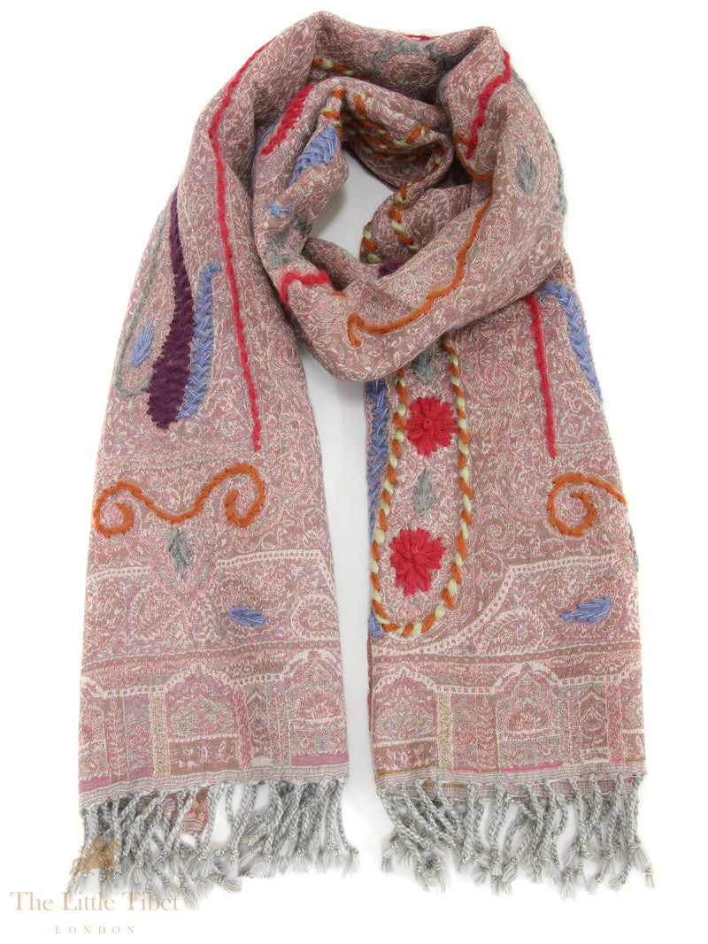 Rose Petal Hand-Embroidered Boiled Wool Scarf – Artisanal Luxury Wrap