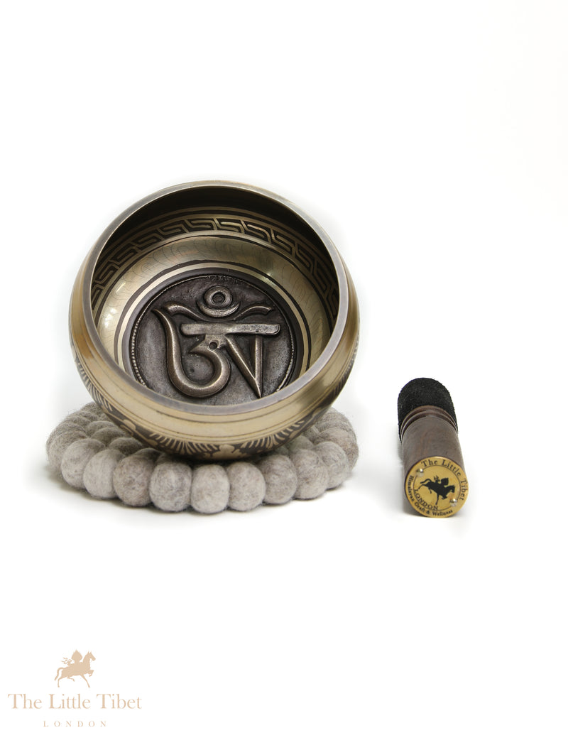Bronze OM Singing Bowl | Tibetan Script Hand-Carved E Note Sound Bowl - BZ415