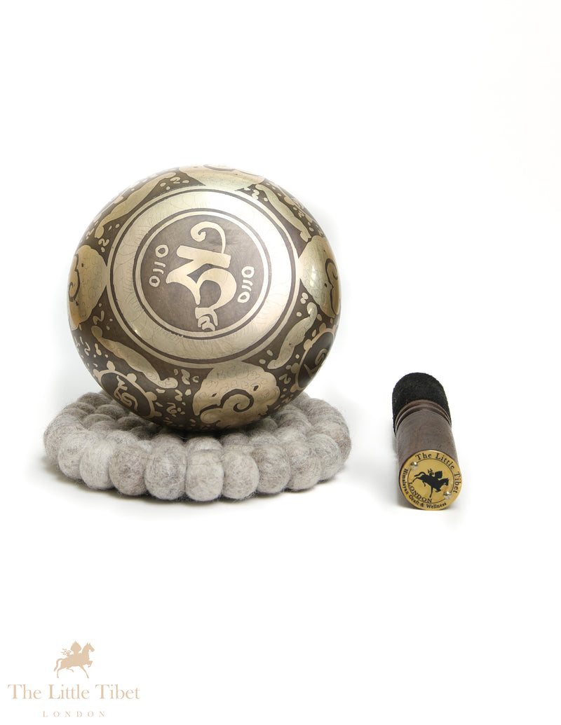 Bronze OM Singing Bowl | Tibetan Script Hand-Carved E Note Sound Bowl - BZ415