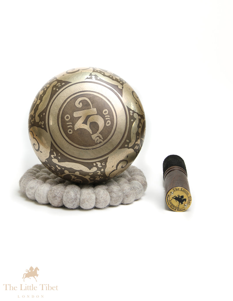 Bronze OM Singing Bowl | Tibetan Script Hand-Carved E Note Sound Bowl - BZ415