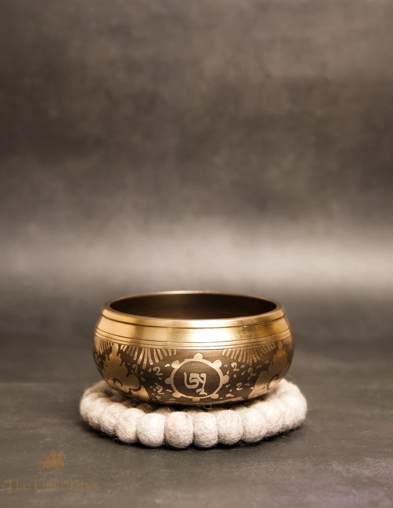 Bronze OM Singing Bowl | Tibetan Script Hand-Carved E Note Sound Bowl - BZ415