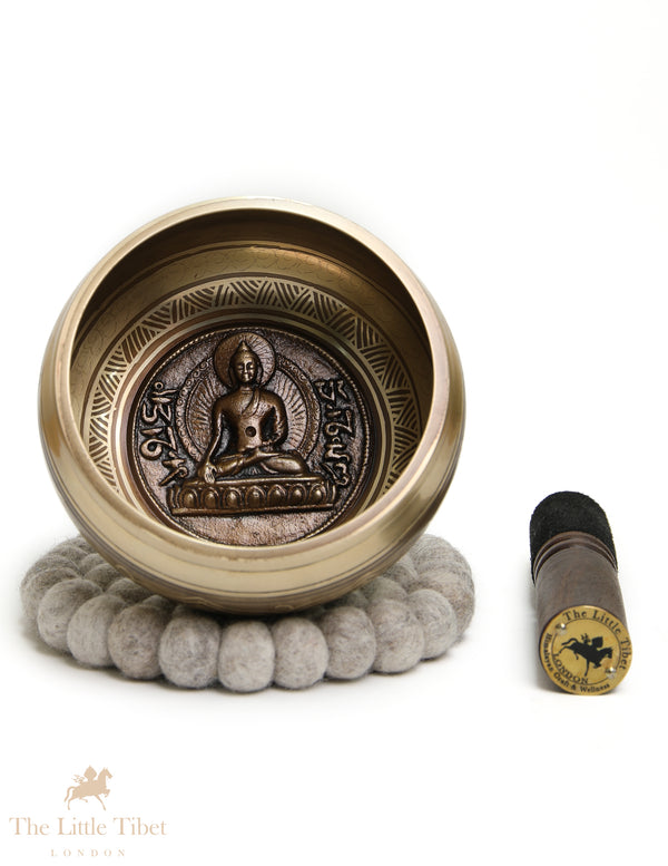 Bronze Tibetan Singing Bowl | Hand-Carved Buddha & Mantra E Note Bowl - BZ436