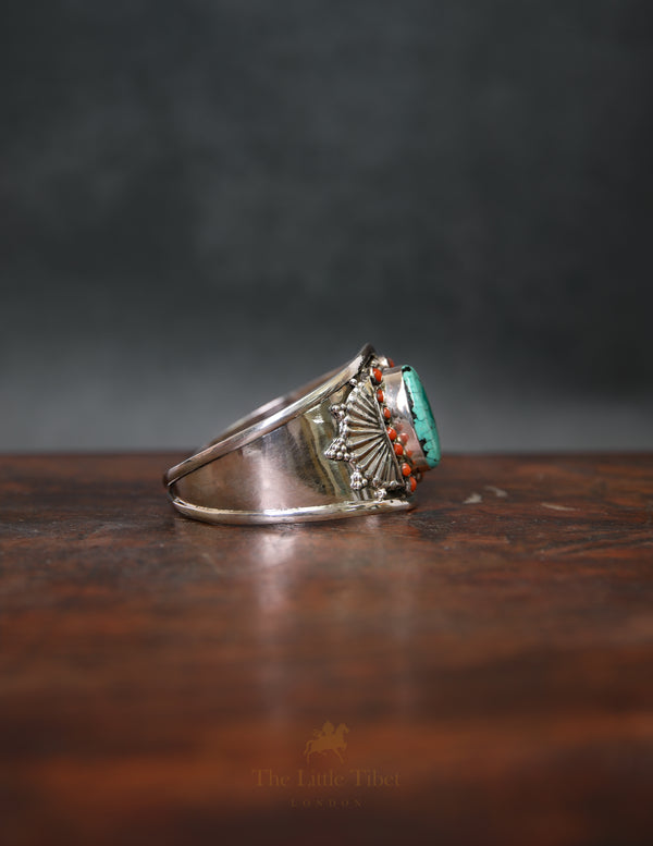 Tibetan Coral & Turquoise Halo Bangle – Silver Adjustable Bracelet with Central Stone