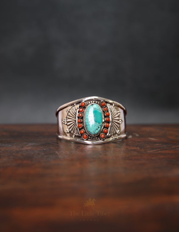 Tibetan Coral & Turquoise Halo Bangle – Silver Adjustable Bracelet with Central Stone