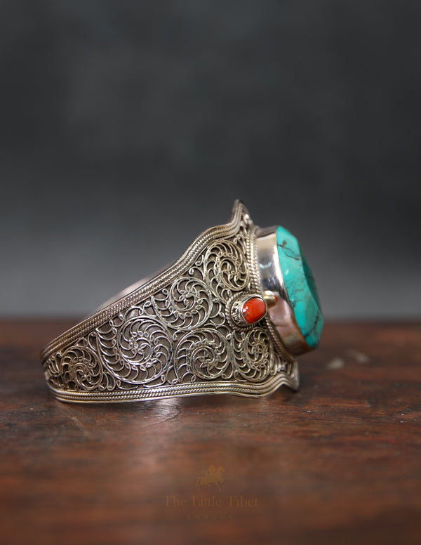 Ornate Tibetan Turquoise & Coral Bangle – Adjustable Silver with Intricate Detailing