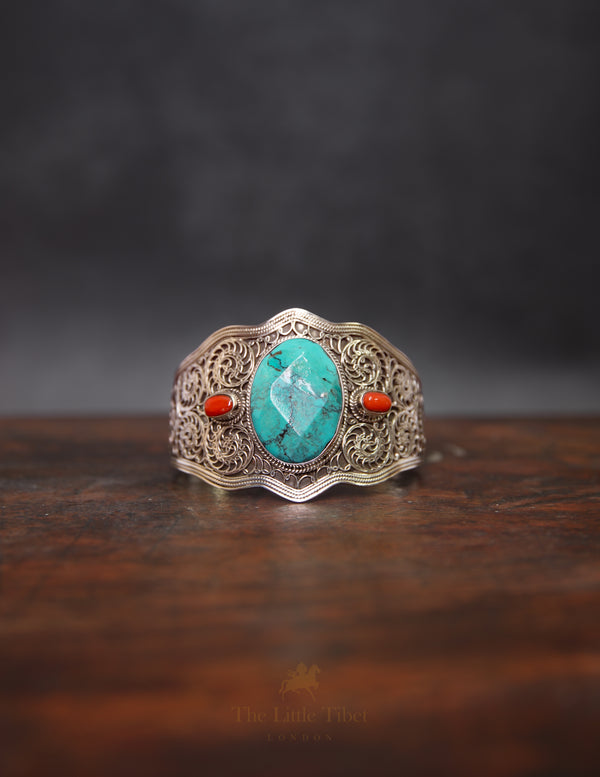 Ornate Tibetan Turquoise & Coral Bangle – Adjustable Silver with Intricate Detailing
