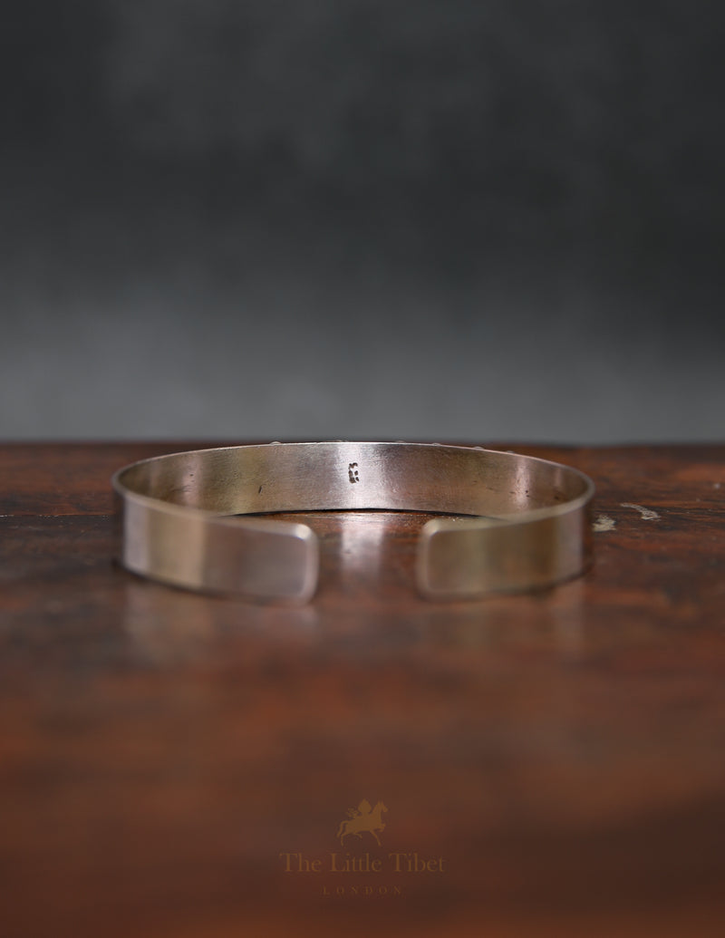 Tibetan Silver Bangle with Coral & Turquoise – Alternating Gemstones with Central Elongated Turquoise