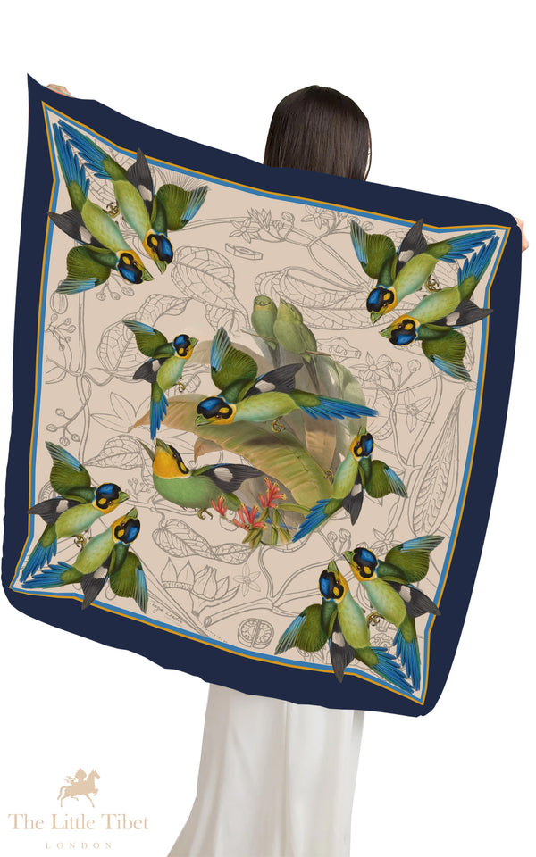 Long-tailed Broadbill Bird Square Silk Scarf – Pure Silk Twill (88cm x 88cm)