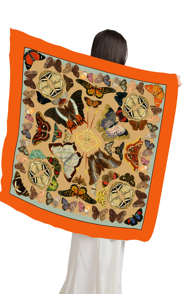Beautiful Butterfly Square Silk Scarf – Pure Silk Twill (Bright Orange & Teal Green)