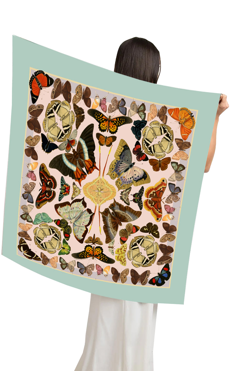 Beautiful Butterfly Square Silk Scarf – Pure Silk Twill (Bright Orange & Teal Green)