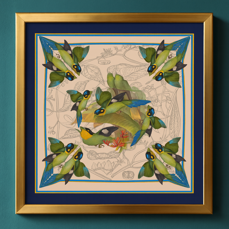 Long-tailed Broadbill Bird Square Silk Scarf – Pure Silk Twill (88cm x 88cm)