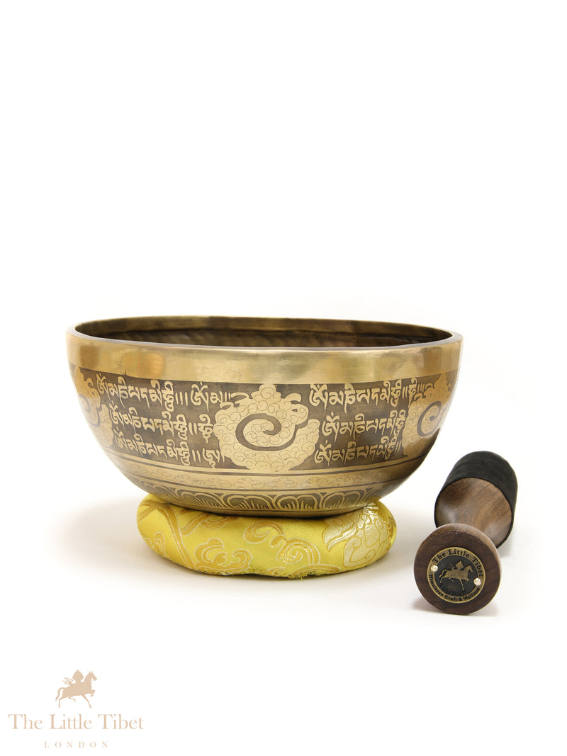 Hand-Beaten Tibetan Singing Bowl – Solar Plexus Chakra Sound Healing Bowl with Mantra Etching (Note G) - EC102